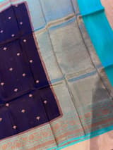 Purplish navy with blue Combo Pure Handloom premium Kora Banarasi  Saree