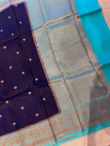 Purplish navy with blue Combo Pure Handloom premium Kora Banarasi  Saree