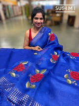 Royal Blue Muslin Saree with Pocket Sequins & Hibiscus Embroidery