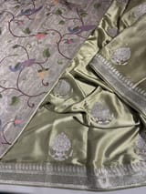 Light Pista Pure Satin Saree with Embroidery. SS5031