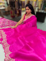 Fushcia Pink Pure Organza Handwork Saree with heavy Designer Blouse