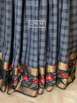 Black Vintage checks Kanjeevaram soft silk saree with embroidery D62F042