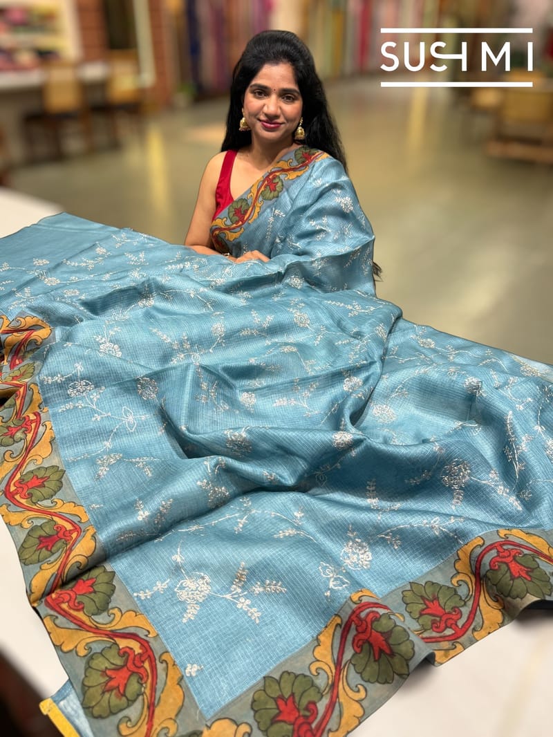 Dusty Blue Silk kota and pen kalamkari fusion saree with pita emb