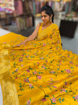 Mango Yellow Mashru Banaras with petite Point embroidery