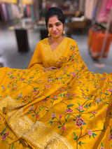 Mango Yellow Mashru Banaras with petite Point embroidery