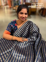 Midnight blue Mul tissue stripes saree with fusion blouse : D62134