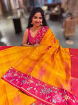 Mustard checks vintage style Kanchi Soft Silk Saree with petite point embroidered border SS50132