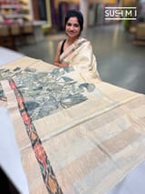Ivory Tussar pen kalamkari printed saree