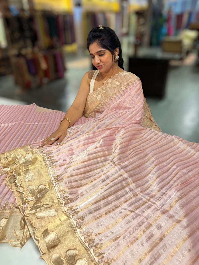 Lilac Pink Mul Tissue Stripes Saree With Tissue Cutwork  Border & Blouse