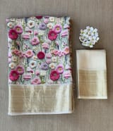 Ivory Pure Handloom Chiniya Silk Saree with stunning Floral Print and zari borders SS5097