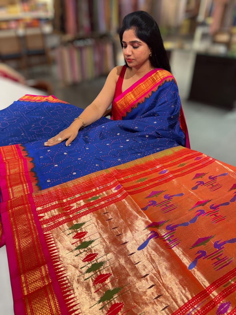 Blue Pure handloom Bandhini paithani saree SS50376