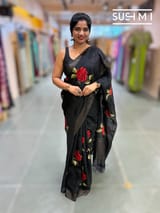 Black Muslin Saree with Pocket Sequins & Hibiscus Embroidery