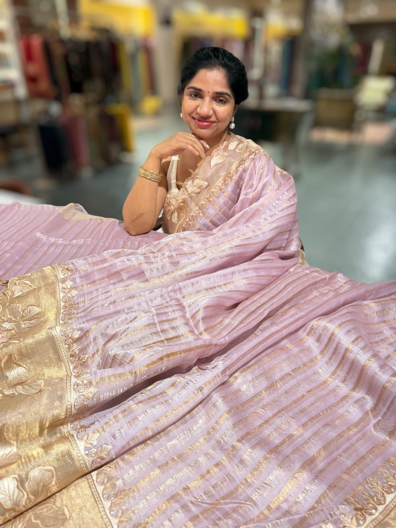 Lilac Mul Tissue Stripes Saree With Tissue Cutwork  Border & Blouse