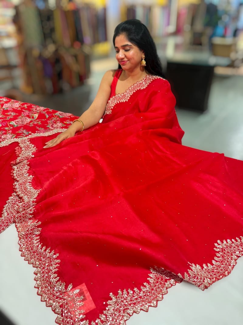 Red Pure Organza Handwork Saree with heavy Designer Blouse