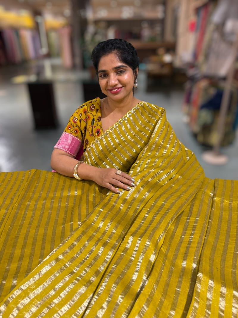 Mustard Handloom Mul Tissue Stripes Saree with fusion blouse SS50409