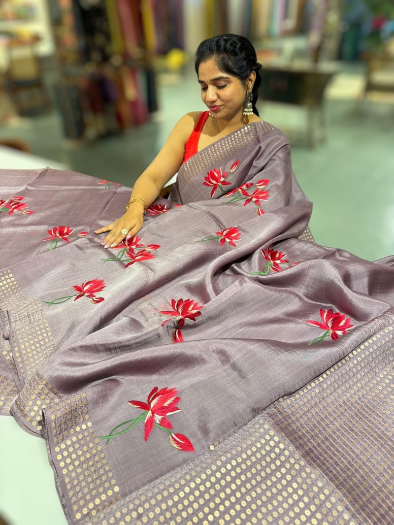 Mauve pure handloom tussar byloom saree with lotus embroidered bunch motifs SS50460