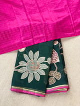 Bottle Green Designer Organza with Tissue applique work
