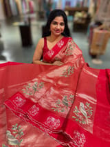 Red Premium Handloom Designer Tissue saree with exquisite embroidery