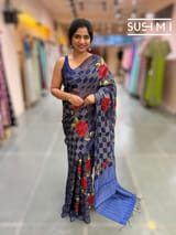 Midnight Blue muslin tissue checks saree with hibuscus emb