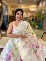 Ivory Printed Organza Saree With Chantilly Lace Style Embroidered Border. SS50317
