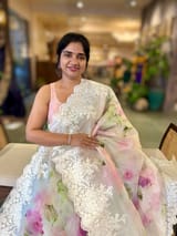 Ivory Printed Organza Saree With Chantilly Lace Style Embroidered Border. SS50317
