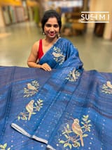 Indigo Blue muslin tissue stripes saree with bird emb