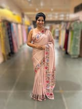 Pastel Pink kora tissue saree with pythani inspired embroidery