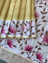Pastel Yellow Tussar Kota Tissue Saree with Handpainted Muslin Border and Pallu SS50262