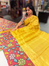 Lime Yellow gold Handloom Tissue & Pen kalamkari fusion Saree