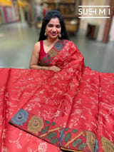 Bright Red Silk kota and pen kalamkari fusion saree with pita emb