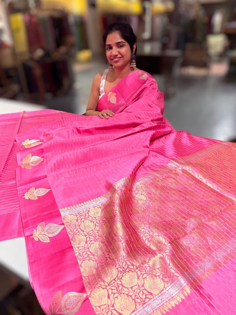 Rose Pink Poona Silk Saree with Mashru Open Border