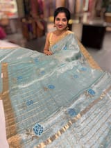 Pastel Blue checks tissue with allover rose embroidery