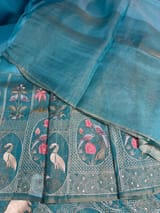Copper Sulphate Blue Kora-Tussar blend Handloom Saree with Tissue embroidered Skirt Border