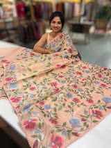Peach Pink Tissue georgette saree with allover jamdani inspired embroidery
