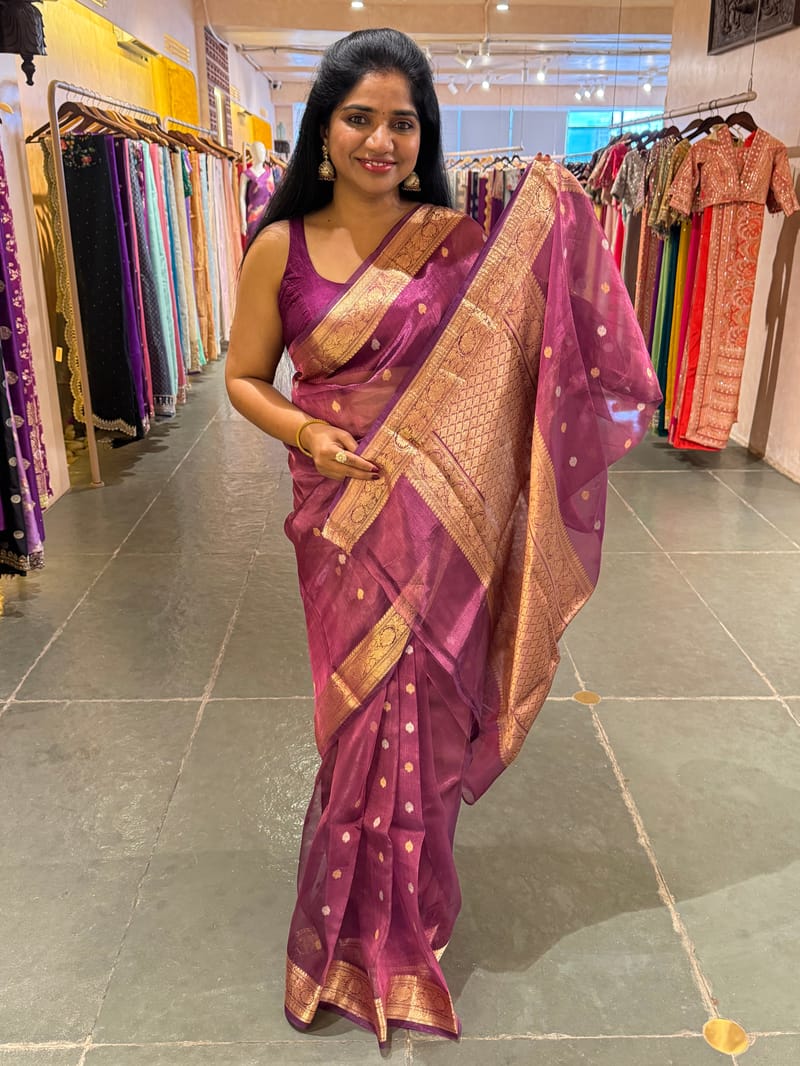 Wine Banarasi handloom tissue saree