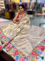 Beigish Taupe Green Kanchi Brocade Tissue Saree with Petite Point Embroidered Border SS50141