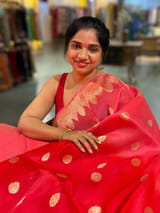 Peach and Red Shaded Premium Kora Banarasi Saree with Open Borders
