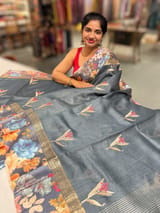 Elephant Grey Tussar Dhupion Saree with Floral printed mashru borders SS50463