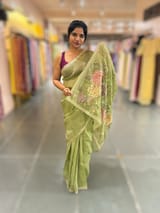 Light Olive Green Tissue Georgette Saree with petite point emb SS50112