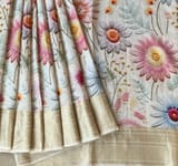 Ivory Pure Handloom Chiniya Silk Saree with stunning Floral Print and zari borders SS5099