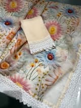 Ivory Organza 3D floral Printed Saree hemlined with crotia lace SS50306