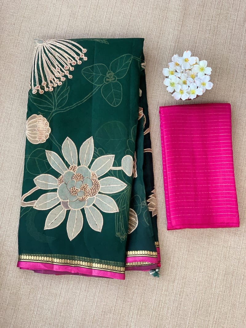 Bottle Green Designer Organza with Tissue applique work