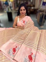 Peach Pink Banarasi Tissue saree with swan embroidery SS50403