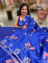 Royal Blue Pure Silk saree with petite point embroidery: S62F165