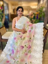Ivory Printed Organza Saree With Chantilly Lace Style Embroidered Border. SS50317
