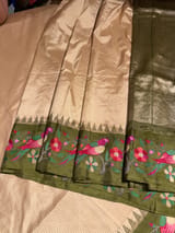Beige kanchi vintage checks soft silk saree with pythani inspired parrot embroidered border SS50130