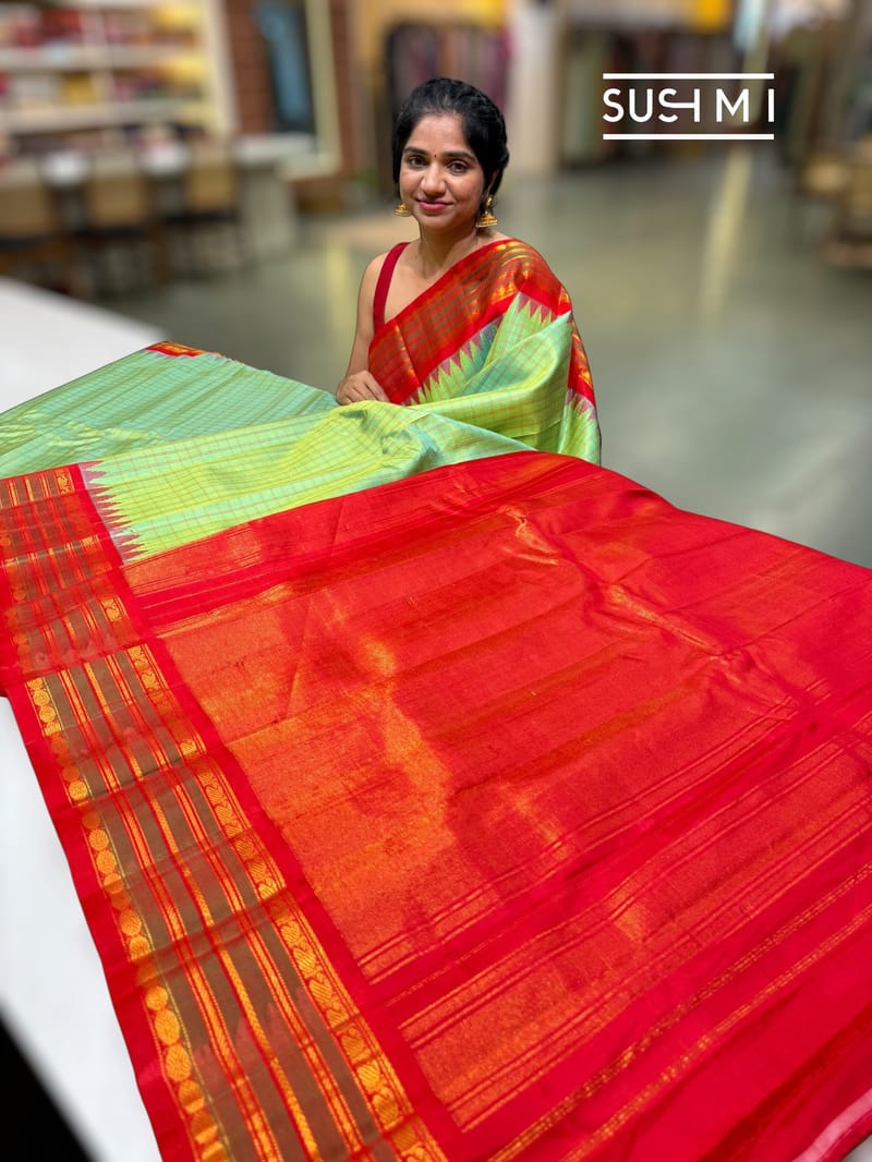 Mint green vintage checks Gadwal Silk Saree : S62F215