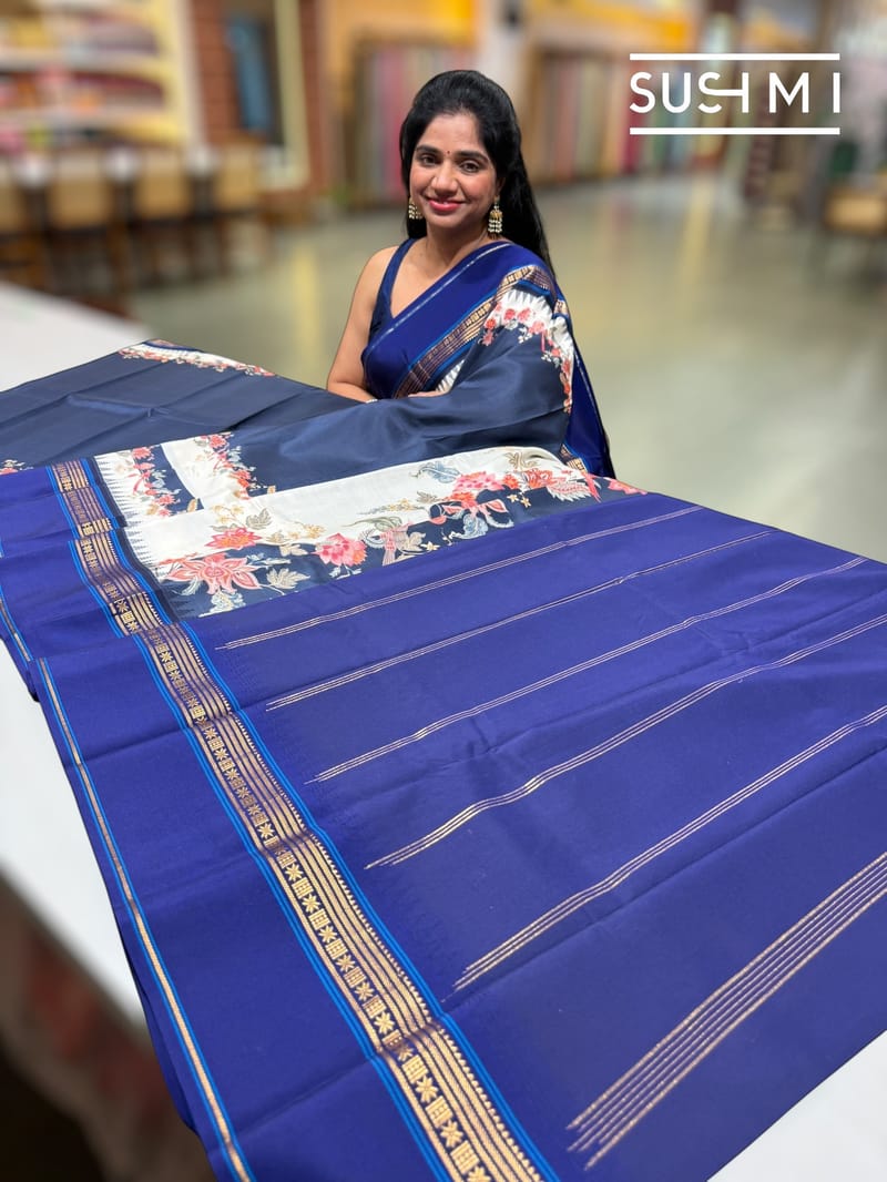 Midnight Blue designer Printed Kanjeevaram Silk Saree