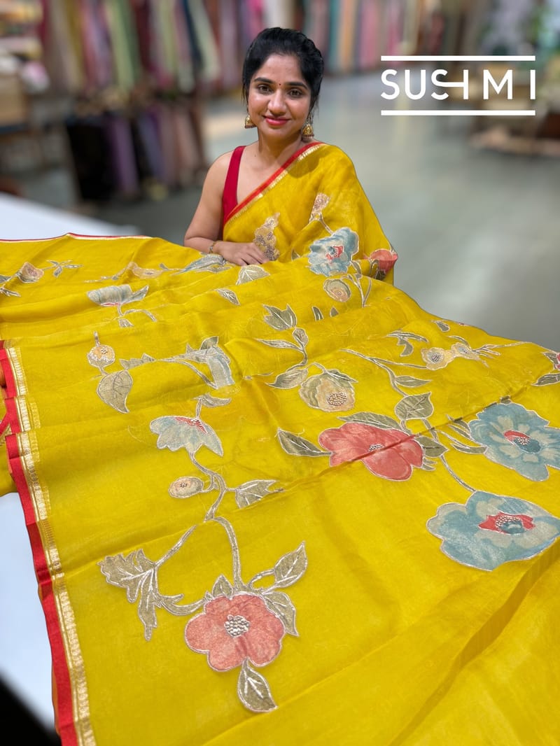 Yellow Designer Organza with Tissue applique work : S62F091