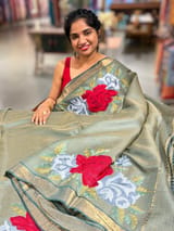 Sage Green Tussar Brocade Saree With Statement Red Rose Embroidery SS50469
